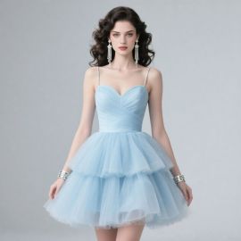 Light Blue Sweetheart Neck Tulle Layered Short Party Dress