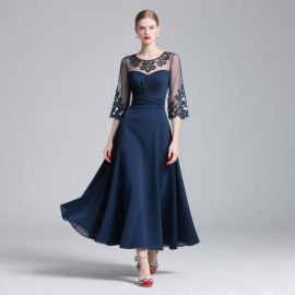 Navy Blue Lace Sheer Sleeves Elegant Maxi Dress for Evening/Wedding
