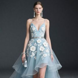 Light Blue Floral Embroidered High-Low Hem Prom Dress with Rhinestone Waistband