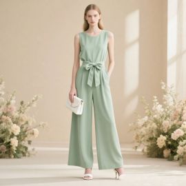 Elegant Mint Green Sleeveless Jumpsuit with Belt & Wide Leg Design