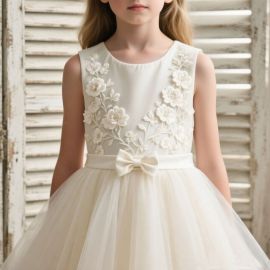 Elegant White Flower Girl Dress with Floral Embroidery & Bow - Tulle Skirt for Weddings/Parties
