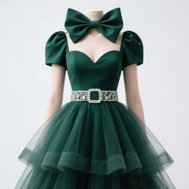 Elegant Emerald Green Dress with Big Bow, Puff Sleeves & Rhinestone Belt Tulle Gown