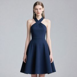 Navy Blue Cross - Neck Sleeveless A - Line Dress: Elegant Party & Formal Wear