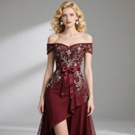 Burgundy Off - Shoulder Beaded Gown with Bow Belt & Asymmetric Hem