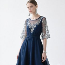 Elegant Navy Blue Midi Dress with Lace Embroidery & Sheer Sleeves for Formal Events