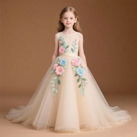 Charming Girls' Flower Embroidered Tulle Long Gown - Party & Wedding Dress