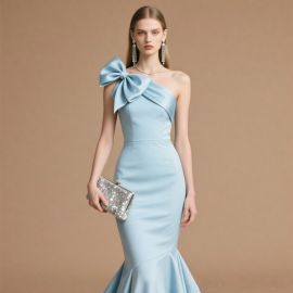 Elegant Light Blue One - Shoulder Mermaid Gown with Oversized Bow for Formal Occasions