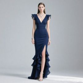 Navy Blue Mermaid Gown: Ruffled Shoulder, High Slit, Layered Ruffle Hem