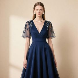 Navy Blue Evening Gown with Embroidered Sheer Sleeves - Elegant Formal Dress
