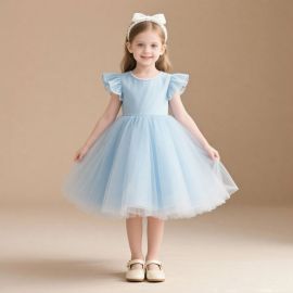 Light Blue Tulle Dress for Girls - Ruffled Sleeves Princess Style