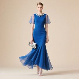 Elegant Royal Blue Mermaid Gown with Pearl Neckline & Sheer Sleeves - Formal Evening Dress