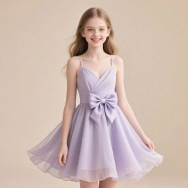Lavender Spaghetti Strap Short Dress with Big Bow for Girls