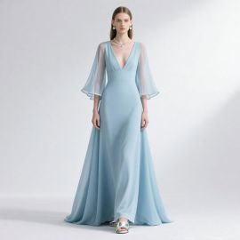 Elegant Light Blue Deep V Neck Gown with Sheer Bell Sleeves, Floor - Length Evening Dress