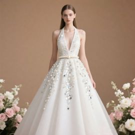Elegant Halter Deep V-Neck Wedding Dress with Pearl & Sequin Embellishments Tulle Gown