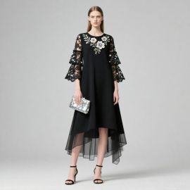 Chic Black Midi Dress: Lace Bell Sleeves, Floral Embroidery, Asymmetric Hem for Evening Events