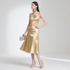 Gold Satin Halter Neck Midi Dress - Elegant Evening Party Gown
