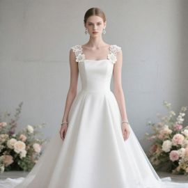 Elegant White Wedding Dress: Square Neckline & Floral Shoulder Straps - Timeless Bridal Gown
