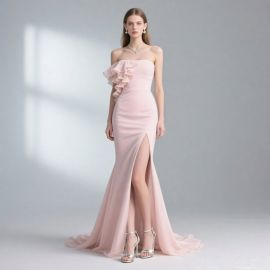 Elegant Pink Strapless Mermaid Gown with Ruffles & High Slit - Formal Evening Dress