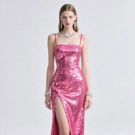 Pink Sequined Spaghetti Strap High Slit Evening Gown - Glamorous Party Dress