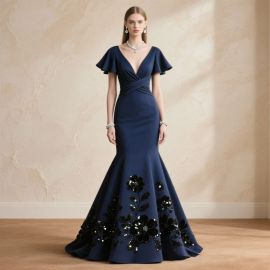 Navy Blue Mermaid Evening Dress with Floral Embroidery & Flutter Sleeves