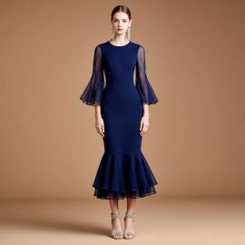 Elegant Navy Blue Mermaid Dress with Sheer Bell Sleeves & Ruffled Hem