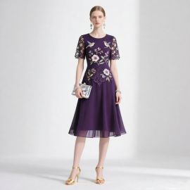 Elegant Purple Midi Dress with Embroidered Floral & Bird Design - Lace Sleeves Women's Fashion