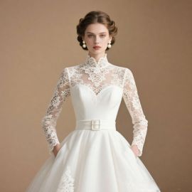 Elegant High - Neck Lace Wedding Dress with Long Sleeves & Waist Belt