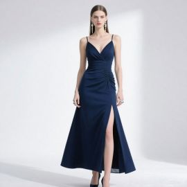 Elegant Navy Blue Spaghetti Strap Maxi Dress with High Slit & Cinched Waist