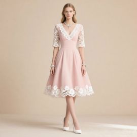 Elegant Pink Lace Midi Dress: V-Neck, Half-Sleeves & Floral Hem - Wedding/Bridesmaid Gown