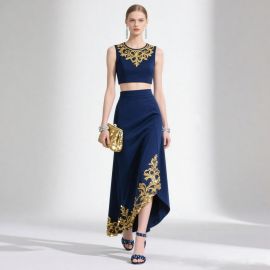 Elegant Navy Blue Crop Top & High-Low Skirt Set with Gold Embroidery | Formal Evening Wear