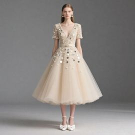 Elegant Pearl & Sequin Embellished V-Neck Short-Sleeve Tulle Midi Dress