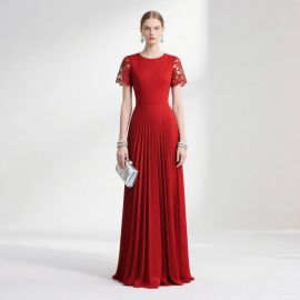 Red Lace Sleeve Pleated Maxi Evening Dress for Formal Events