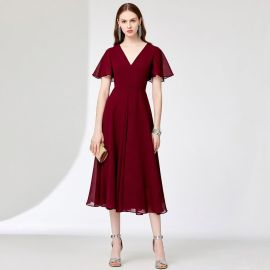 Elegant Burgundy V-Neck Short Sleeve Midi Dress for Evening Events