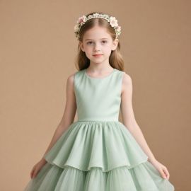 Mint Green Kids Sleeveless Layered Tulle Party & Wedding Dress