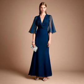 Elegant Navy Blue Formal Gown with Deep V-Neck & Sheer Bell Sleeves