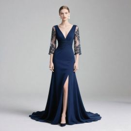 Elegant Navy Blue Evening Gown: Lace Sleeves, V-Neck & High Slit - Formal Dress for Special Occasions