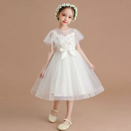 Girls White Tulle Dress with Lace & Bow - Princess Style for Party/Wedding