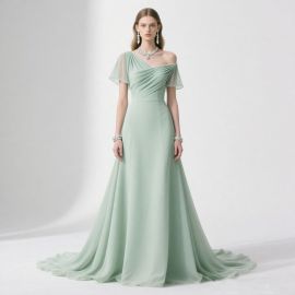 Elegant Mint Green One - Shoulder Chiffon Evening Gown with Train