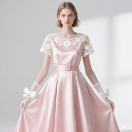 Vintage Pink Satin Dress with Lace Collar & Sleeves - Elegant A-line Gown