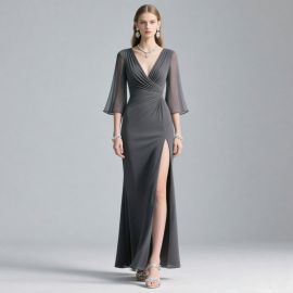 Elegant Gray V-Neck Chiffon Gown with Flare Sleeves & High Slit - Formal Evening Dress