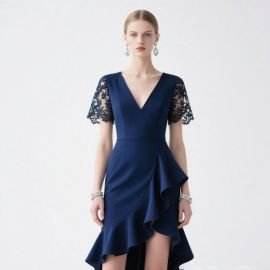 Navy Blue Lace Short Sleeve V-Neck Asymmetrical Ruffle Hem Dress