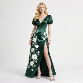 Elegant Emerald Green Satin Gown with Puff Sleeves & Floral Embroidery - High Slit Evening Dress