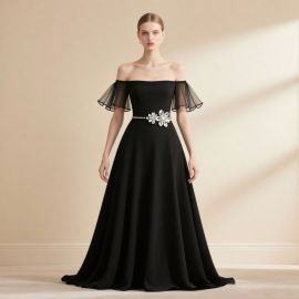 Elegant Black Off - Shoulder Gown with Sheer Sleeves & Embellished Waist for Formal Events