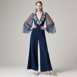 Navy Blue Jumpsuit: Elegant Floral Embroidery & Sheer Bell Sleeves