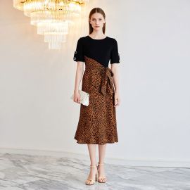 Chic Leopard Print Tie-Waist Midi Dress with Black Short Sleeves - Women's Elegant Casual Wear