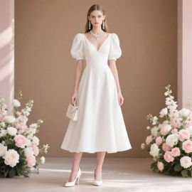 Elegant White Midi Dress with Puffed Sleeves & V - Neck for Women