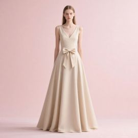 Sleeveless V-Neck Long Dress with Bowknot Waist | Elegant Formal Evening Gown