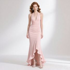 Blush Pink Halter High-Low Mermaid Gown - Elegant Cinched Waist Evening Dress