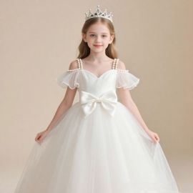 Kids White Princess Dress: Pearl Straps, Big Bow Tulle Gown for Weddings & Parties