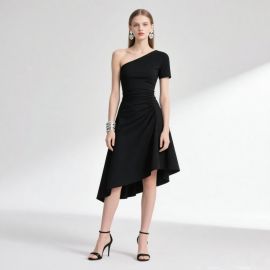 One - Shoulder Asymmetric Hem Black Midi Dress for Women